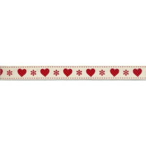 Cream Christmas Ribbon with Red Hearts and Snowflakes